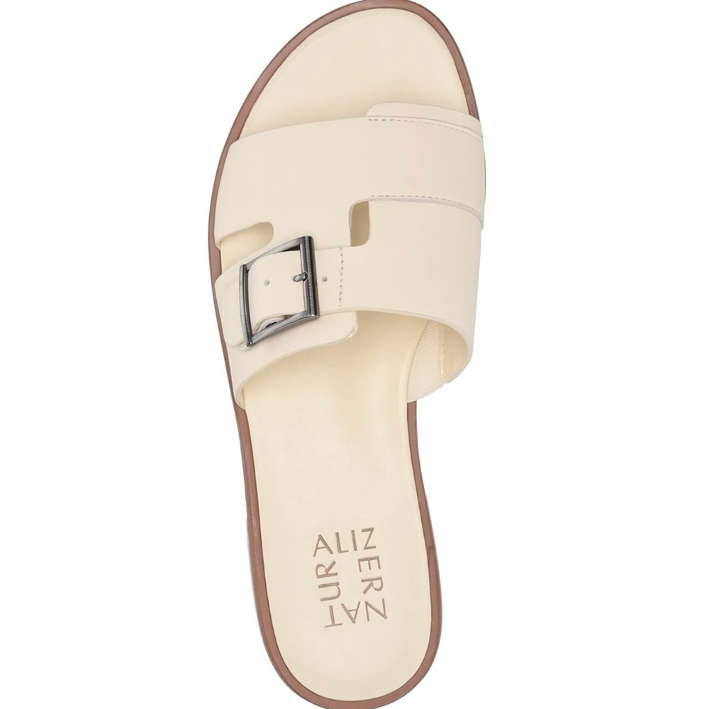 Naturalizer Cream Slide Sandals with Silver Buckle